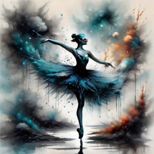 Ballerina Dancing in Misty Rain in Teal Tutu