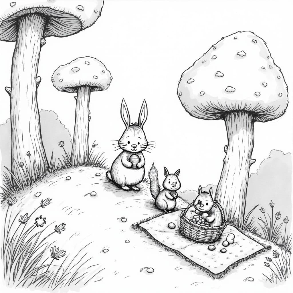 Bunny Labubu's Whimsical Forest Picnic: Line Art Illustratio...