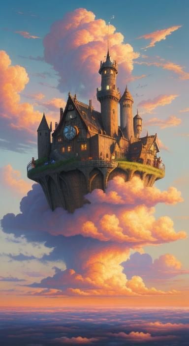 Steampunk Farm Harvesting Clouds in Whimsical Sky