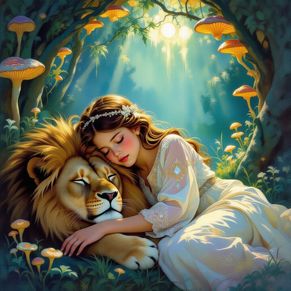 Girl and Lion Under Bioluminescent Canopy in Art Nouveau Sty...