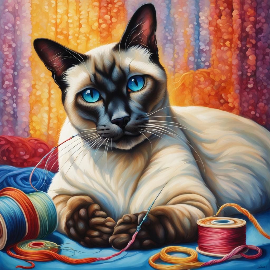 Siamese Cat Sewing: Hyperrealistic Concept Art