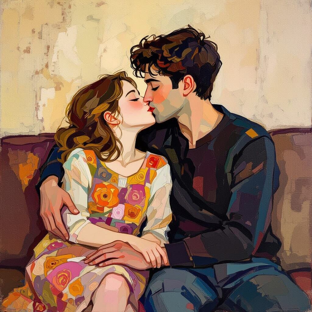 Romantic Couple Embracing on Couch in Klimt Style