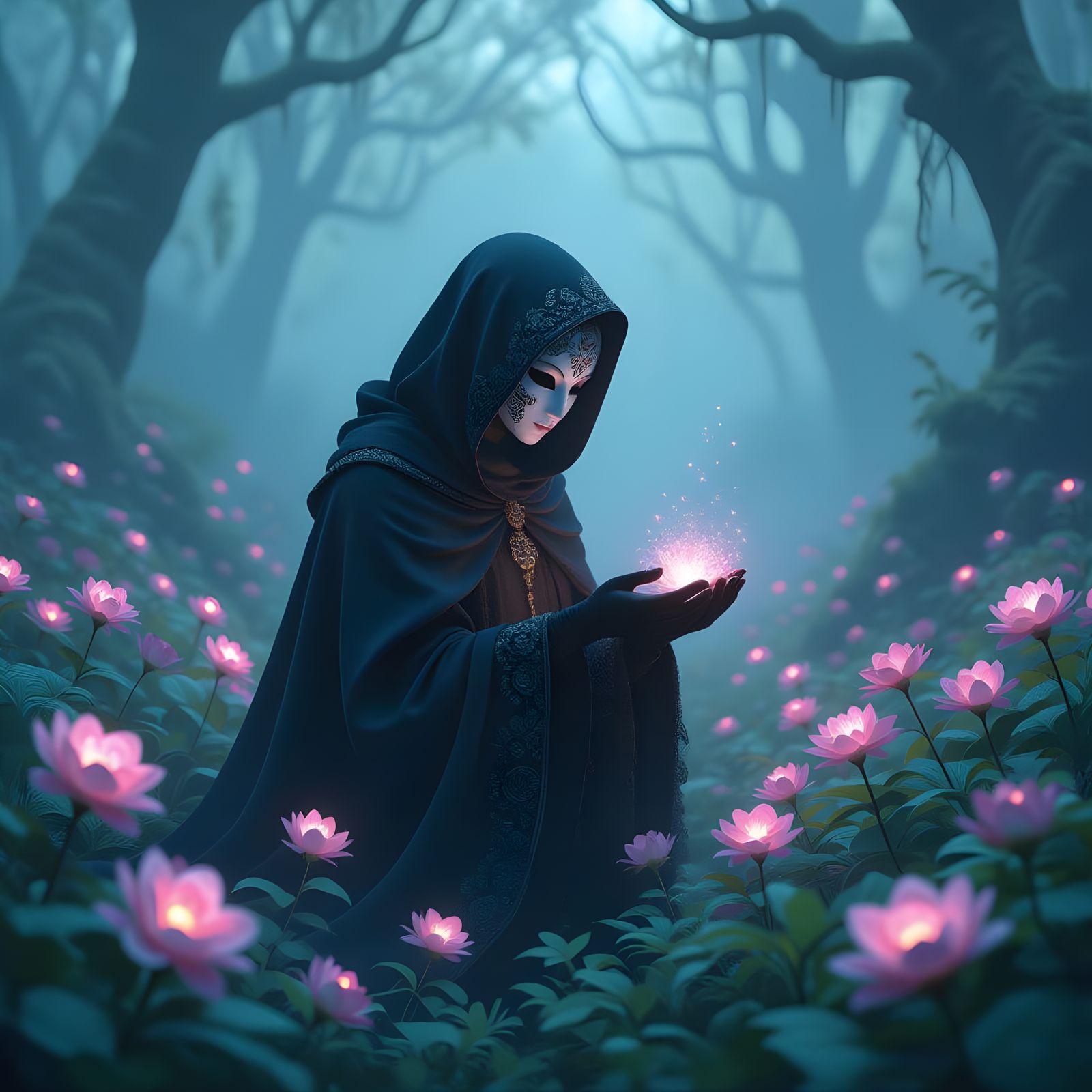 Bioluminescent Grove with Masked Figure in Surreal Style