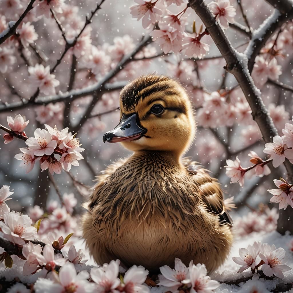 Duckling in Cherry Blossom Tree, Macro Photography