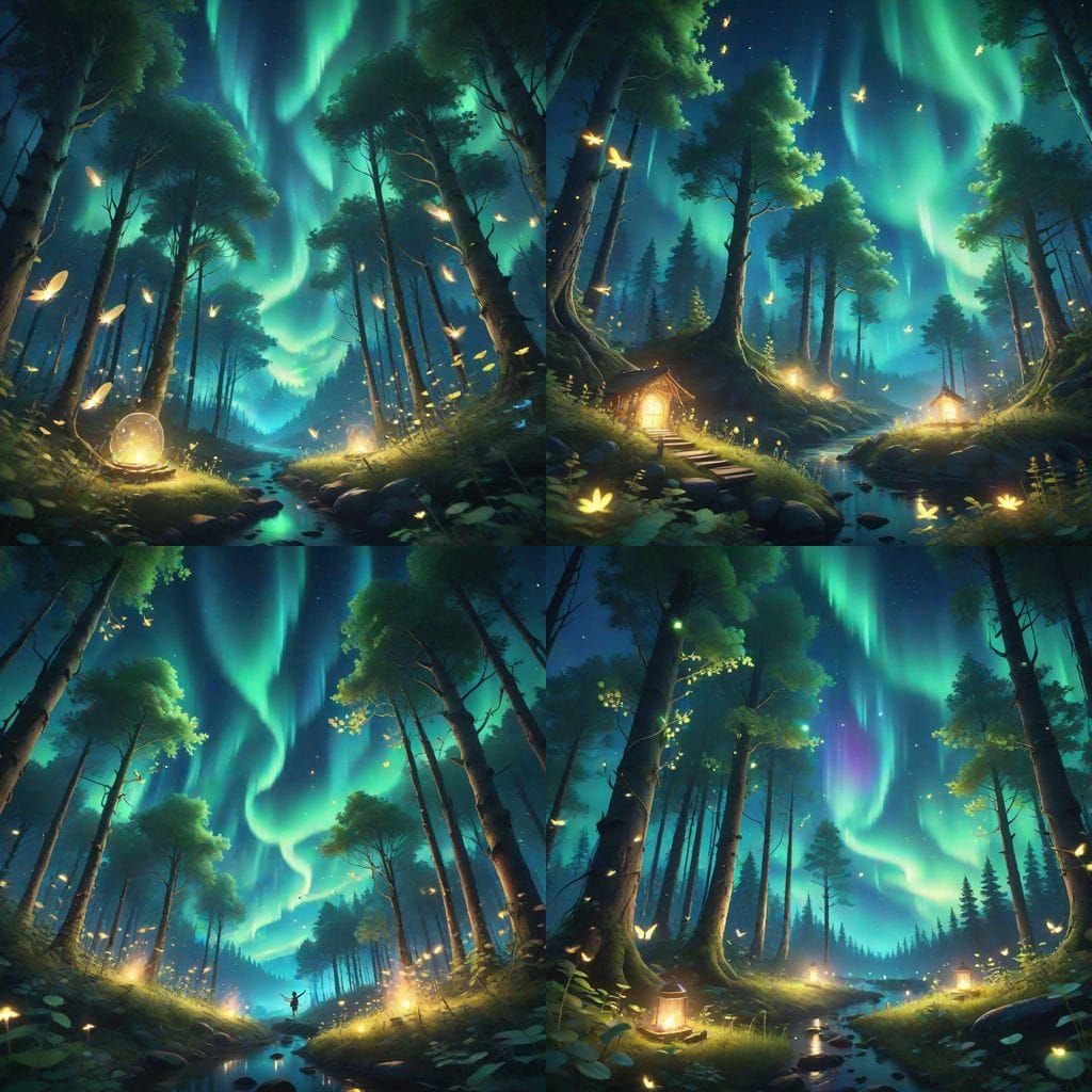 Enchanted Forest with Fairies Dancing under Vibrant Northern...