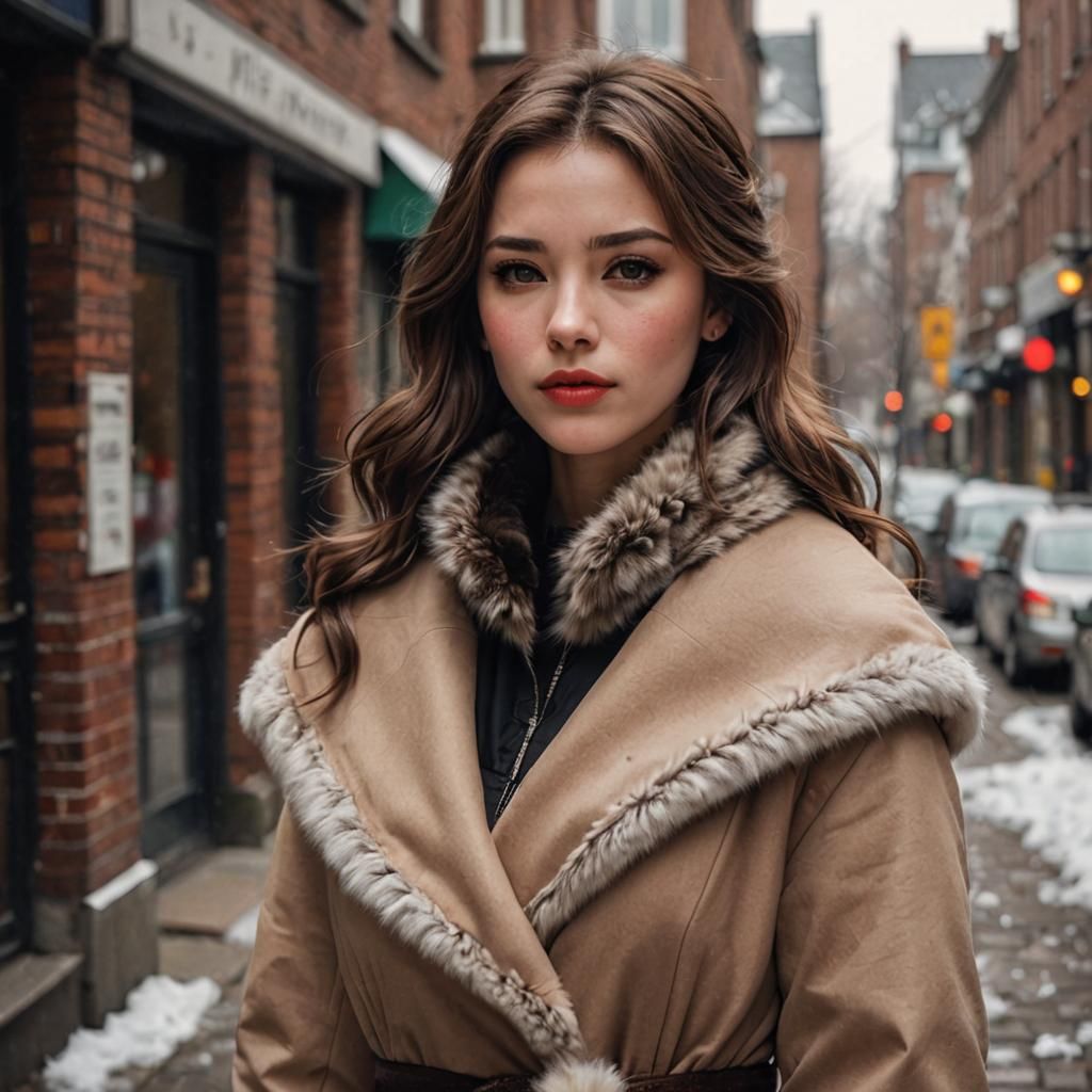 Realistic Portrait of Woman in Fur Trimmed Coat