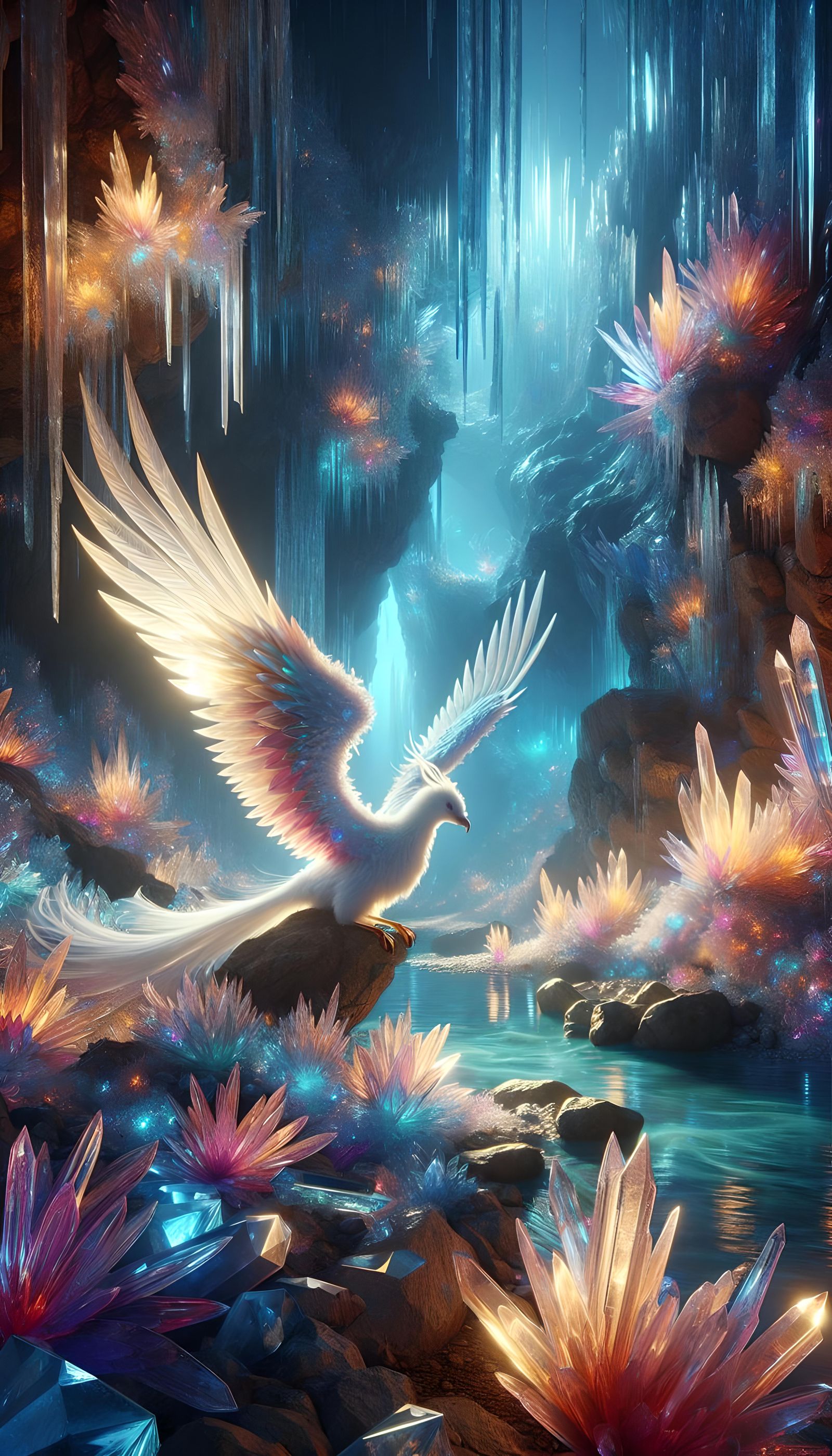 Gemstone-Winged Bird in Crystalline Ice Cave