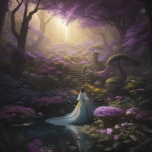 Mystical Garden Woman in Fantasy Matte Painting Style