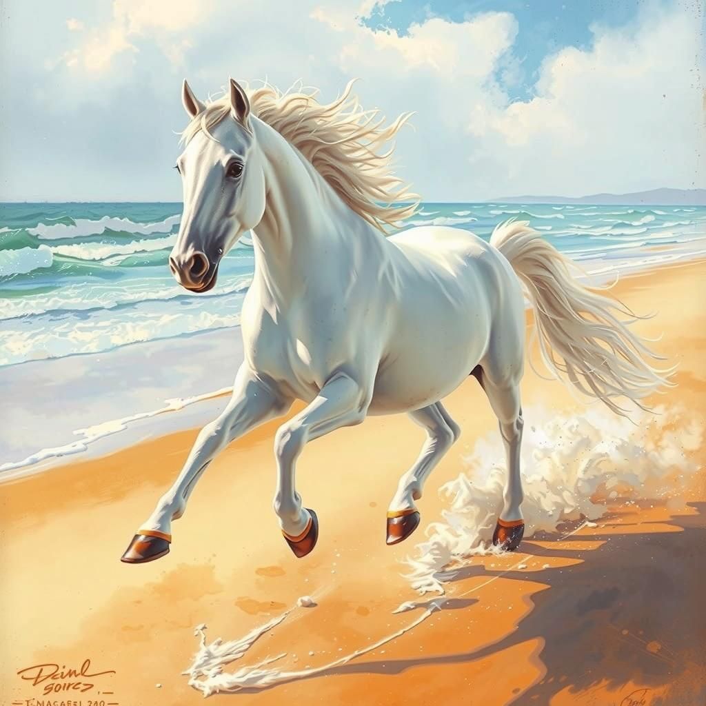 White Horse Galloping on Beach in Impressionist Style