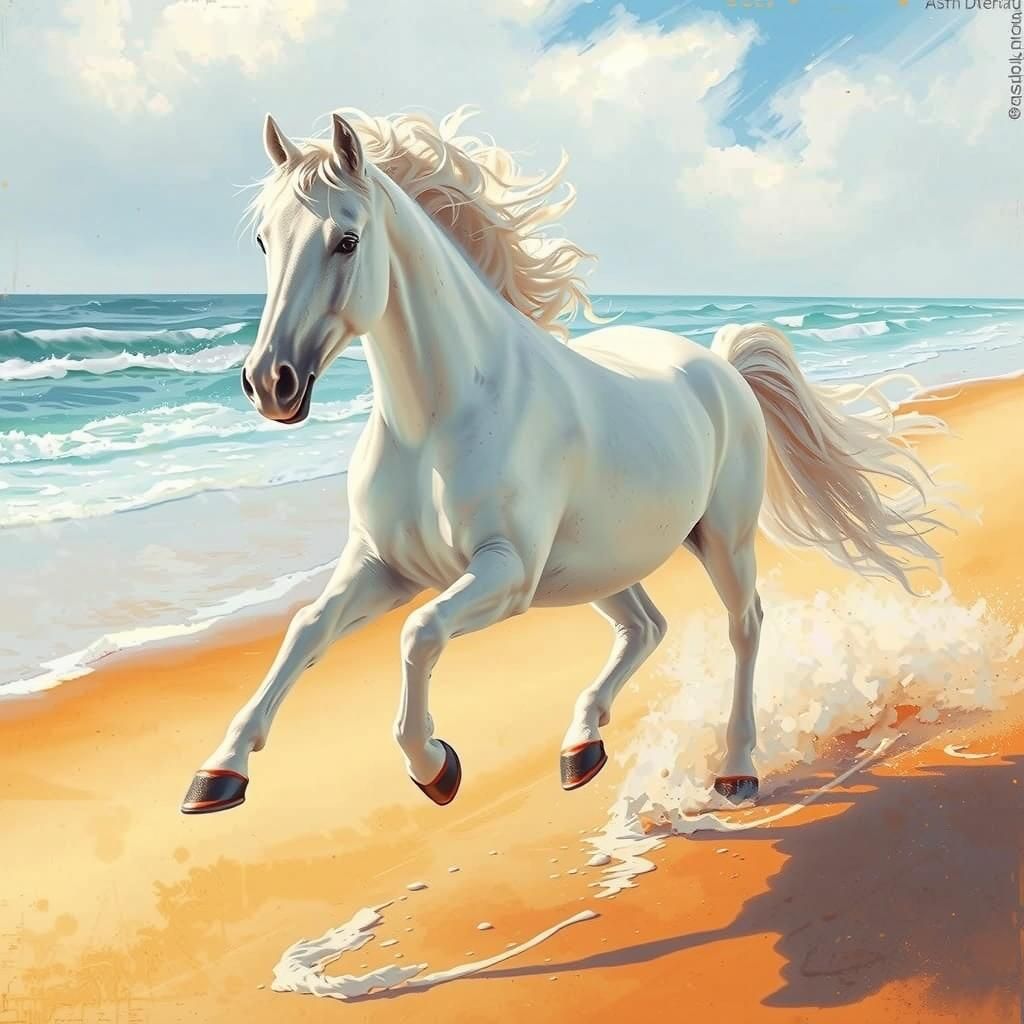 White Horse Galloping on Sun-Kissed Beach
