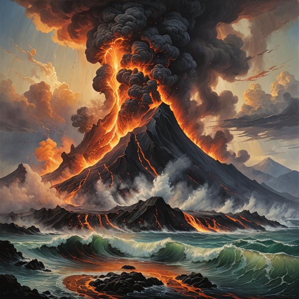 Volcanic Eruption in a Stormy Sea: Oil Painting
