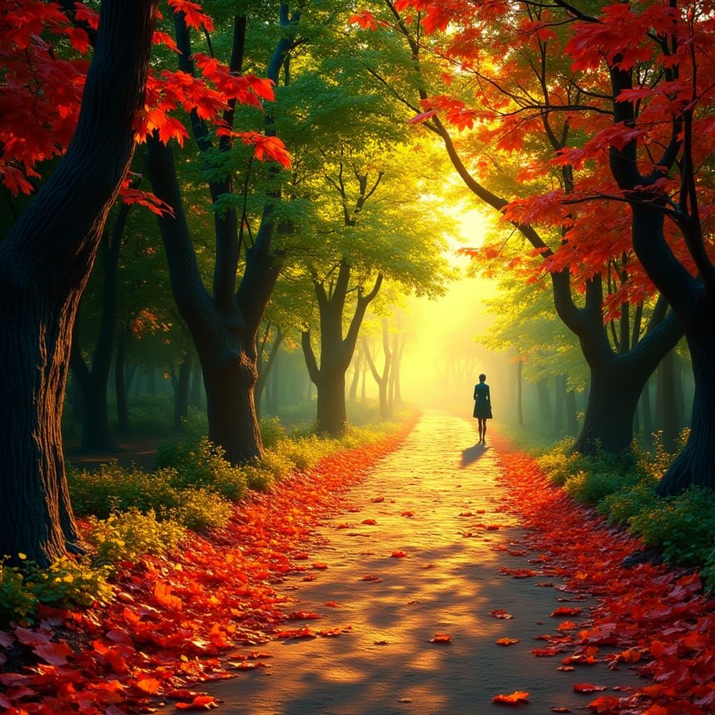 Autumn Pathway Serenity in Golden Hour Light