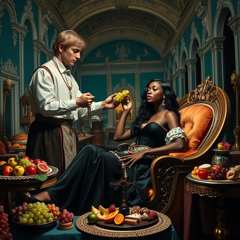 Dramatic Baroque Scene with Blond Servant and Reclining Nobl...