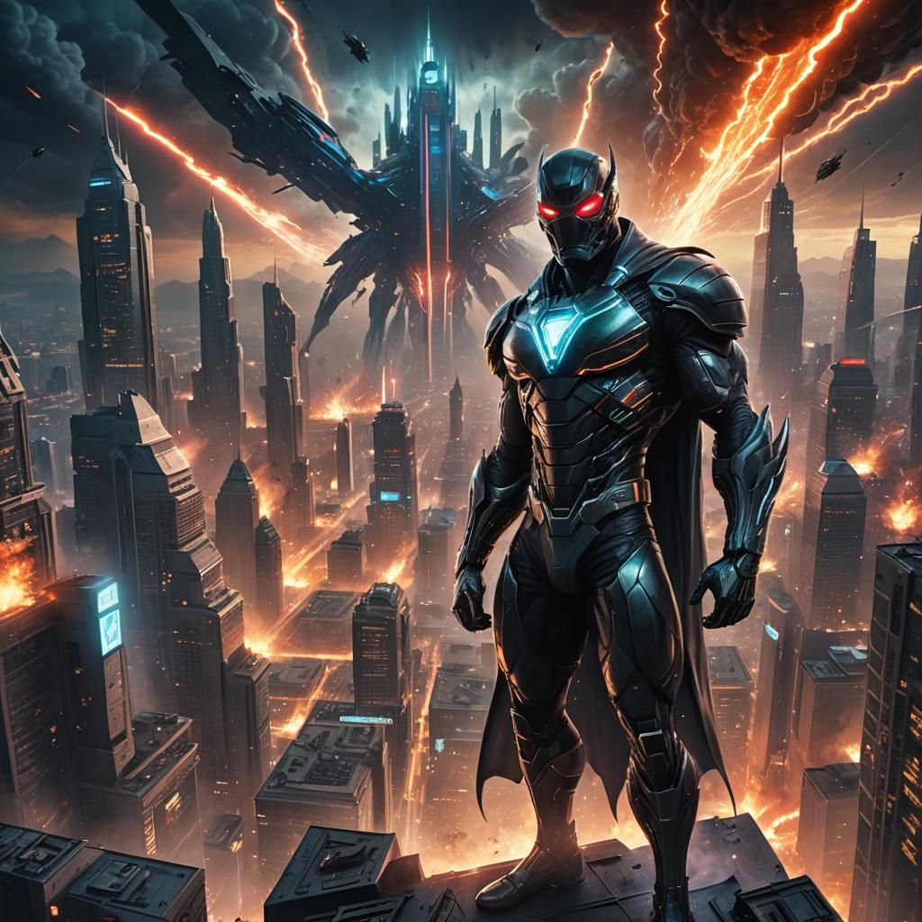 High-Tech Superhero in Futuristic Cityscape Battle