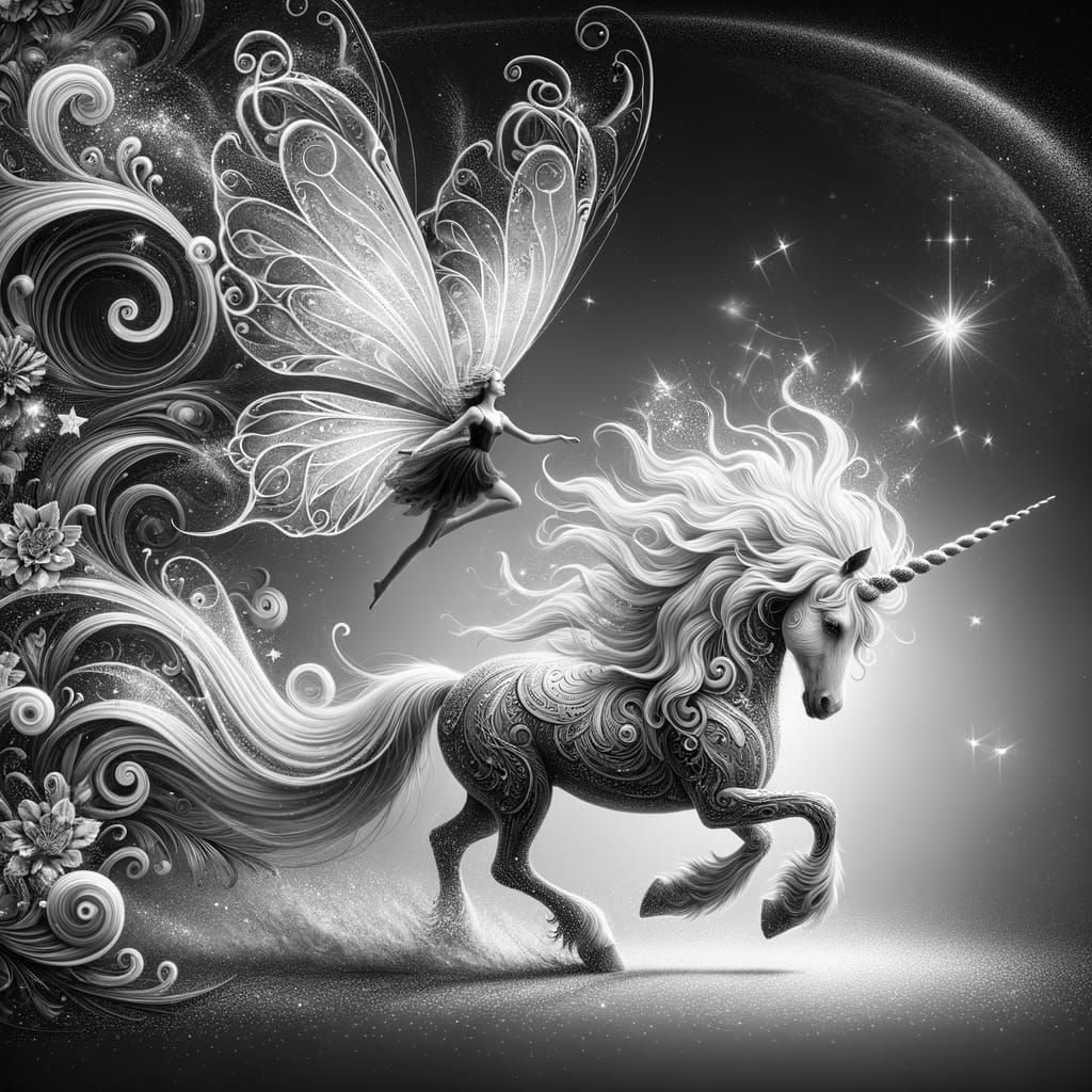 Whimsical Fairyland Scene in Monochromatic Style