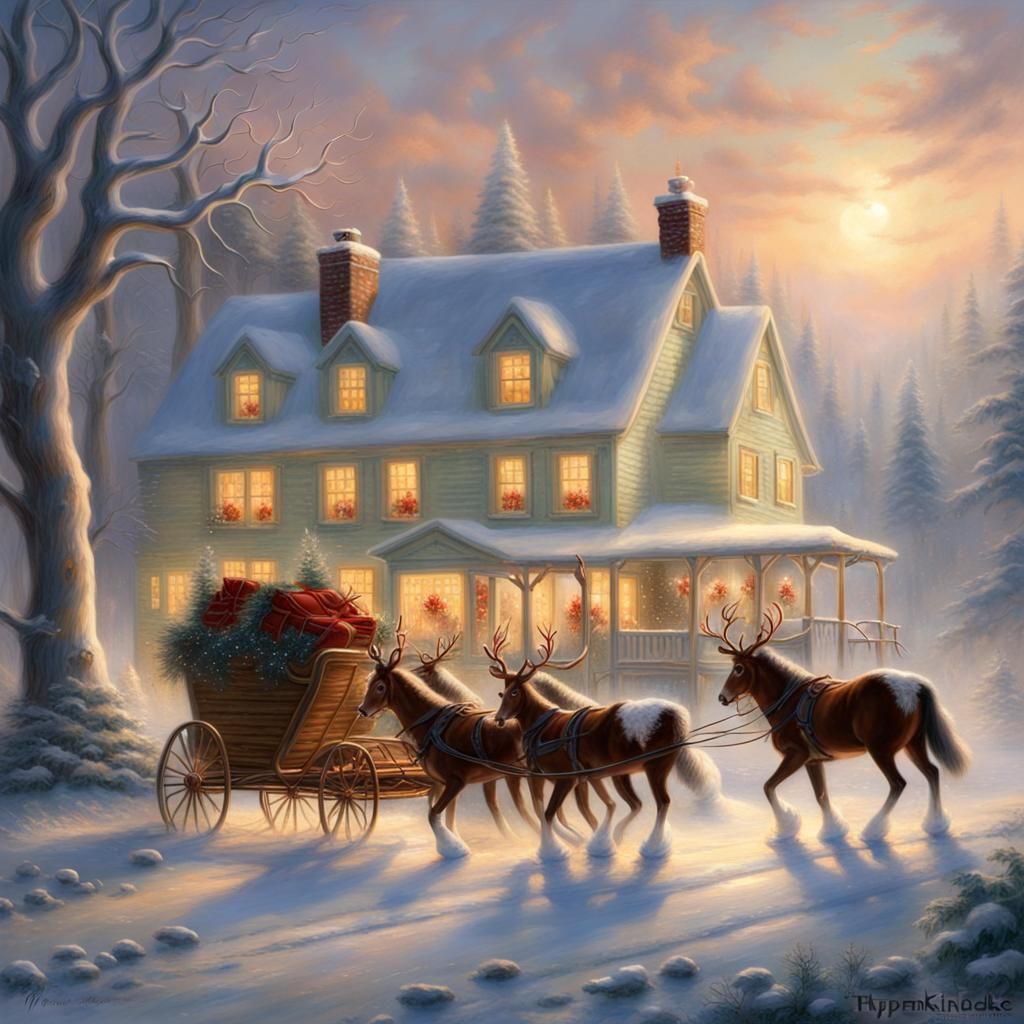 Clydesdales Transform into Reindeer in Thomas Kinkade Style