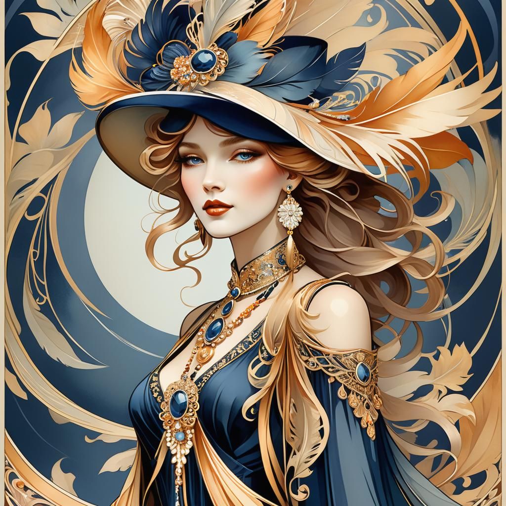 An Art Nouveau lady with typical jewelry and a hat with a fe...