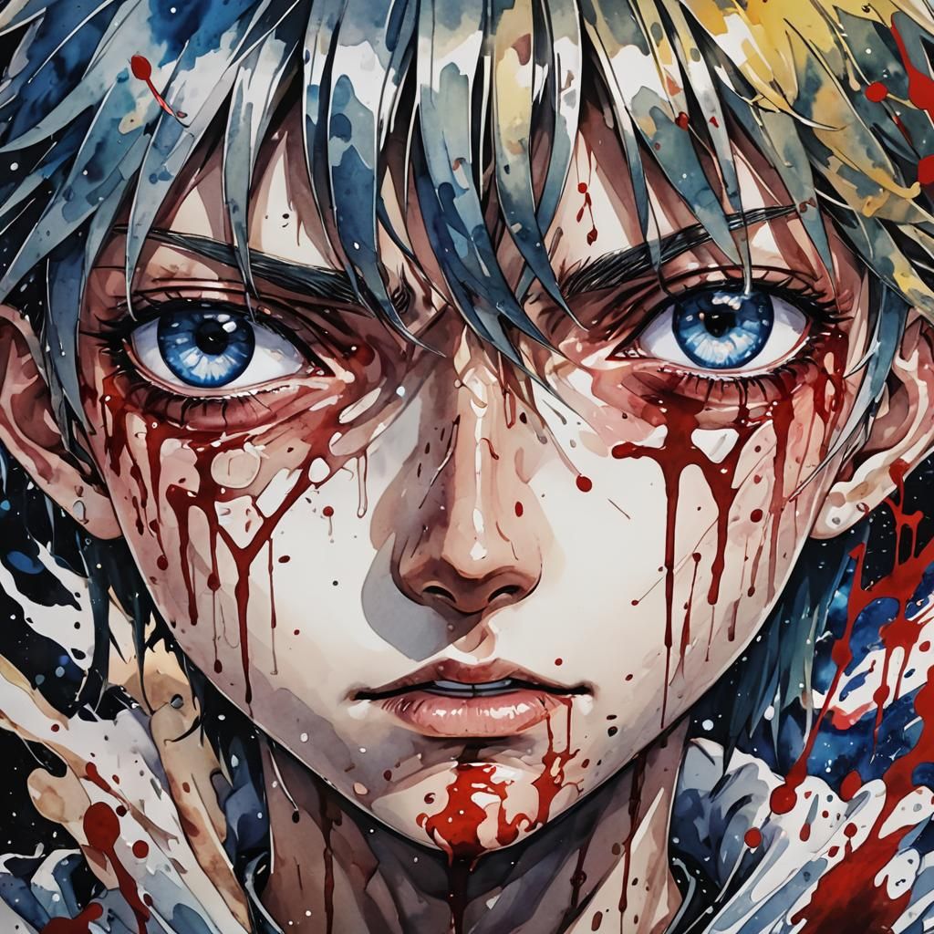 Anime Eyes: Tears and Blood in Watercolor Style