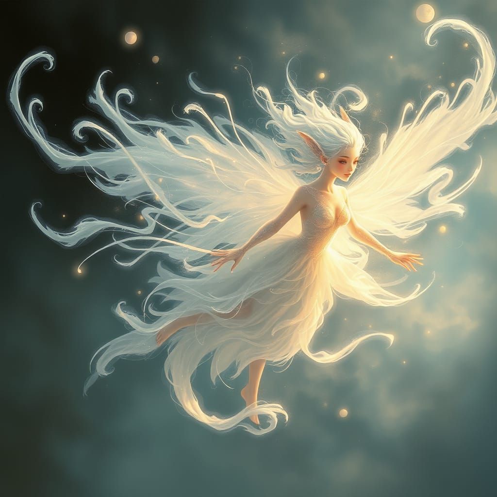 Ethereal Wind Spirit in Yoshitaka Amano-Inspired Style