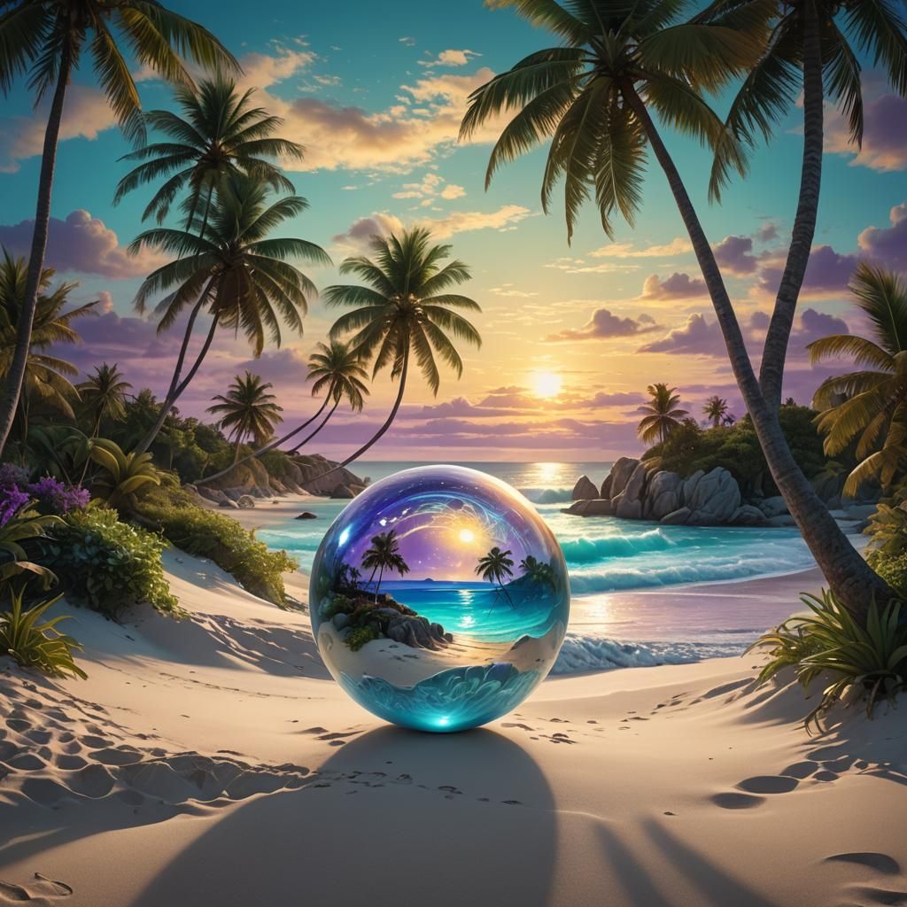 Glowing Crystal Orb Reveals Serene Beach Scene