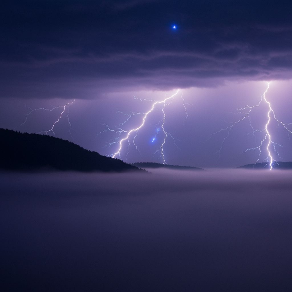 Sublime Storm in Mist-Filled Valley with Ethereal Lightning
