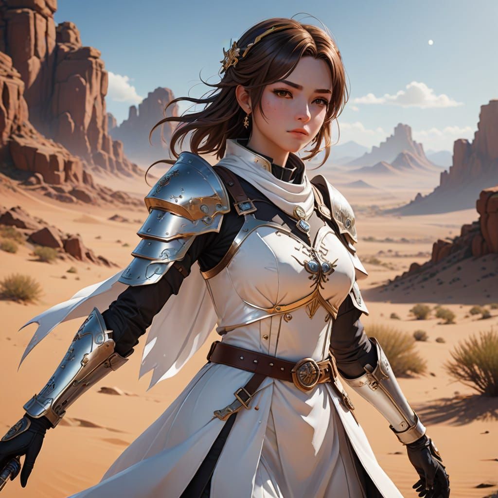 Anime Cleric Tending Wounded in Desert Landscape