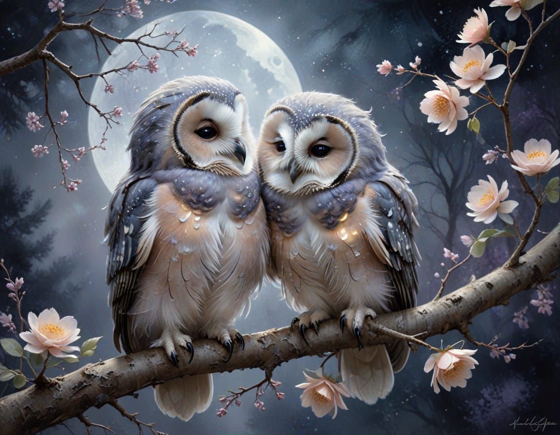 Impressionist Owls Under Silvery Moon