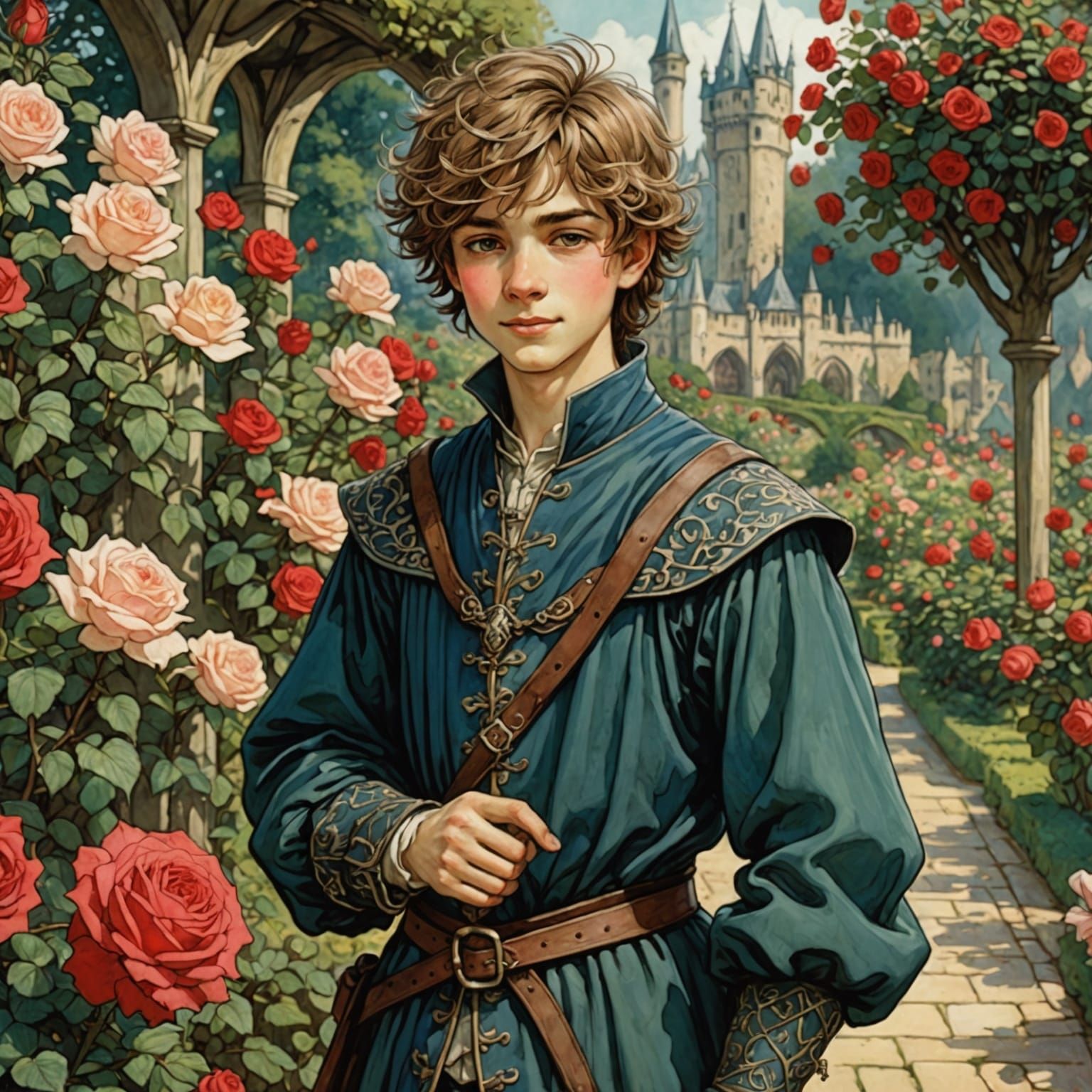 Cheerful Boy in Medieval Rose Garden, Anime Style