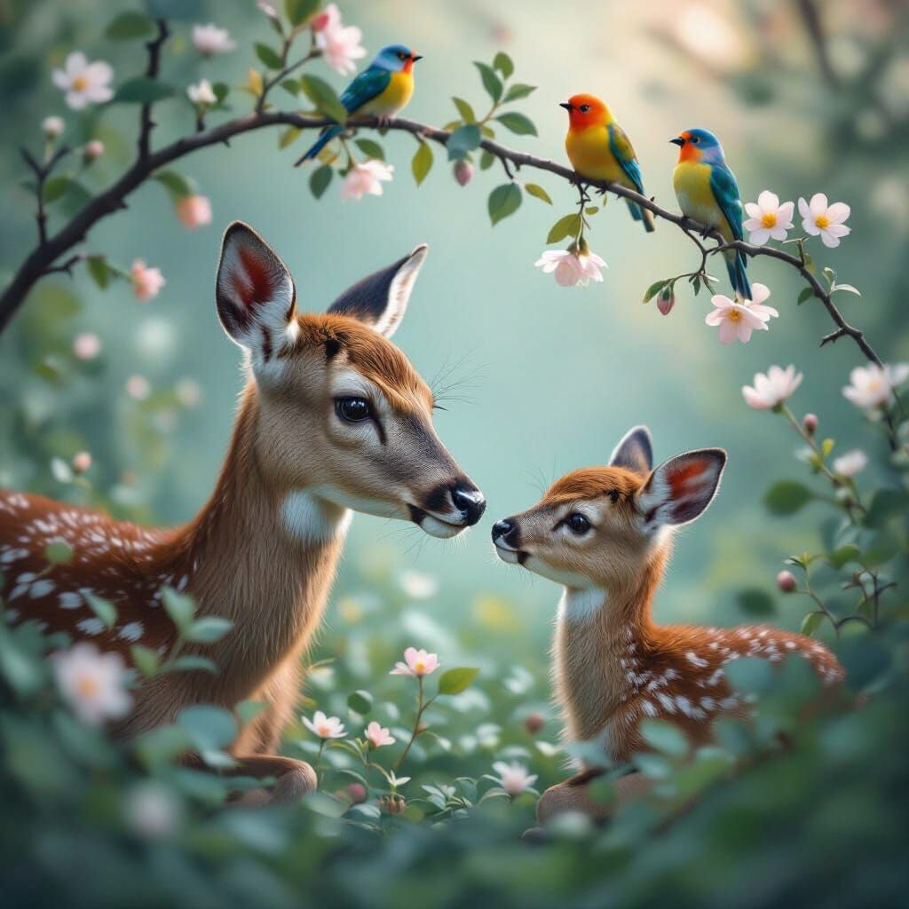 Loving Mother Deer and Baby in Ethereal Style