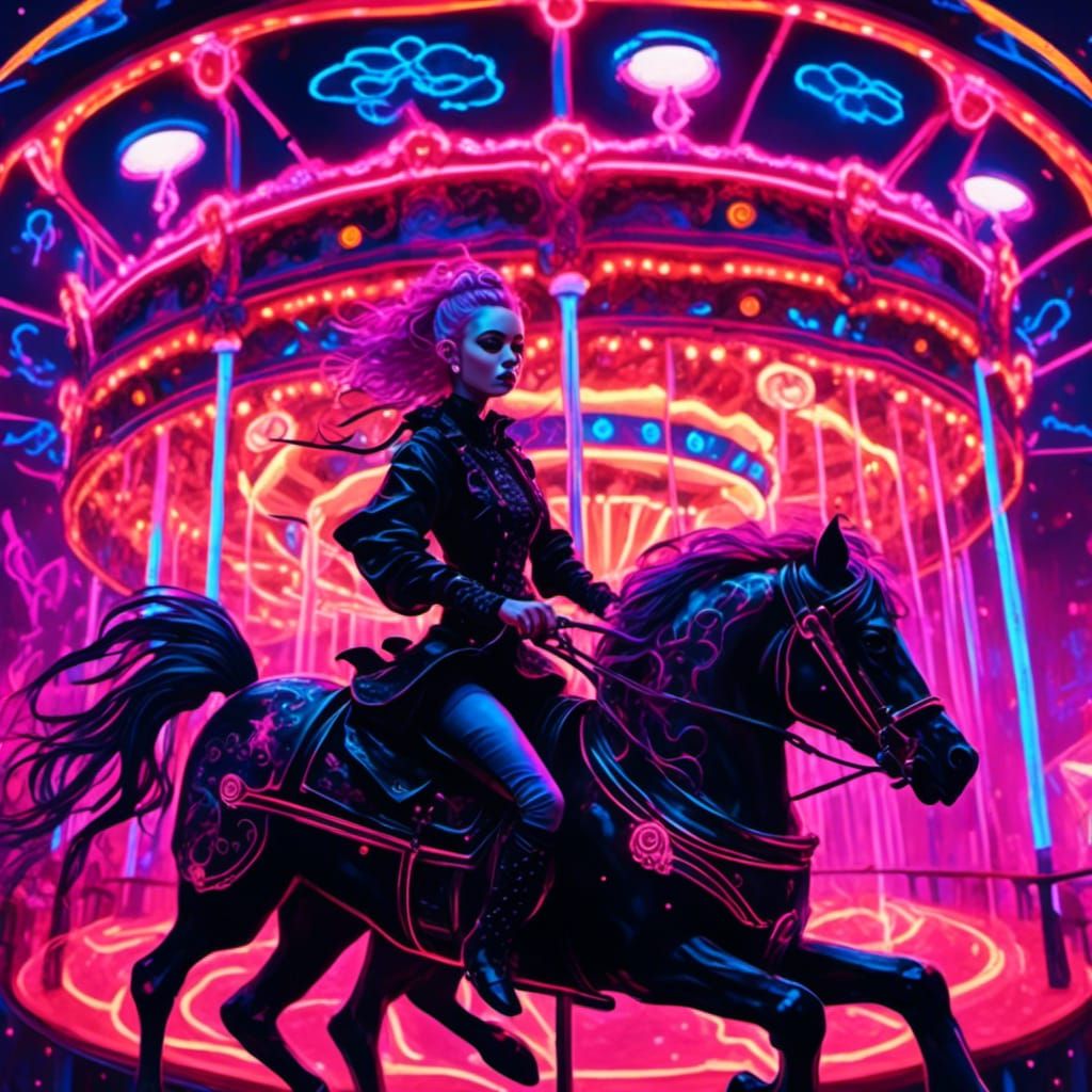 Cyber-Gothic Girl on Neon Carousel in Digital Art