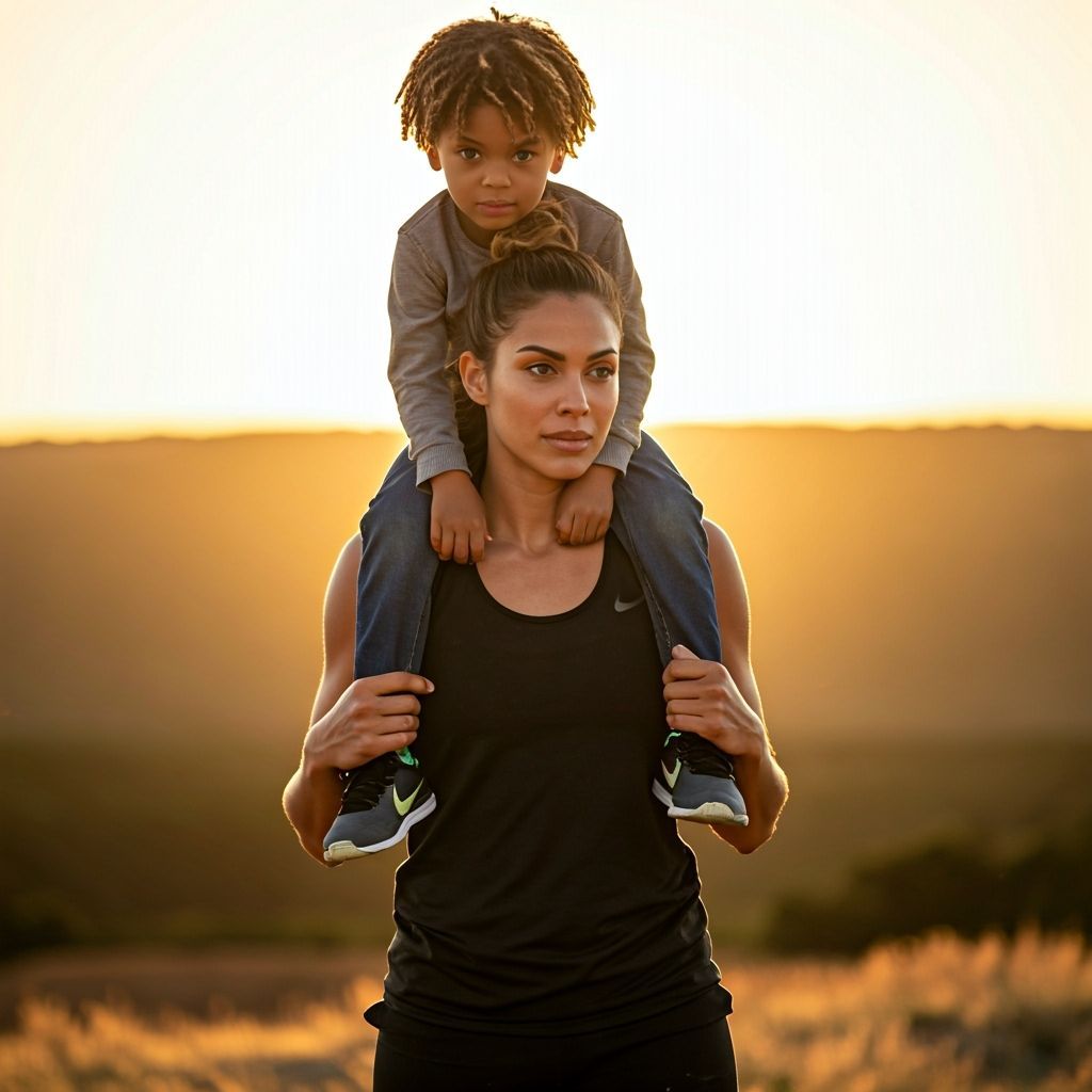 Athletic Woman Carries Boy in Golden Hour Sunlight