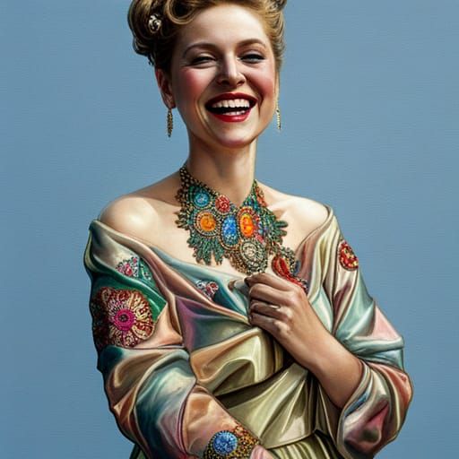 Laughing Woman in Iridescent Silk Gown