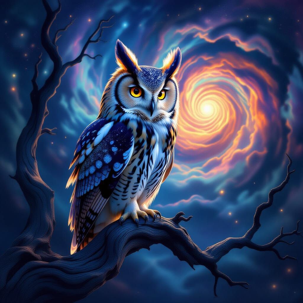 Ethereal Nebula Owl on Ancient Branch in Cosmic Vortex