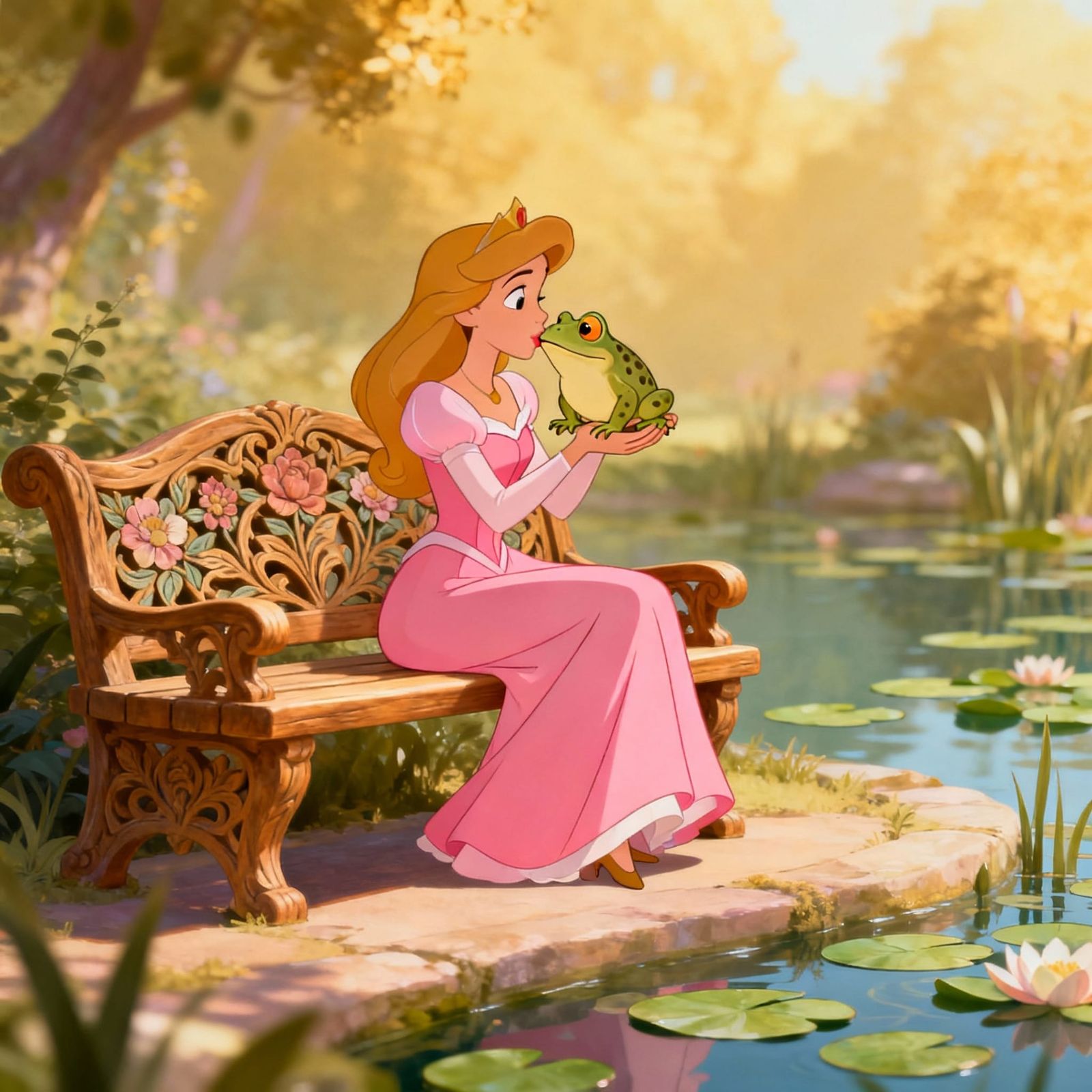Princess Kisses Toad by Pond in Disney Cartoon Style