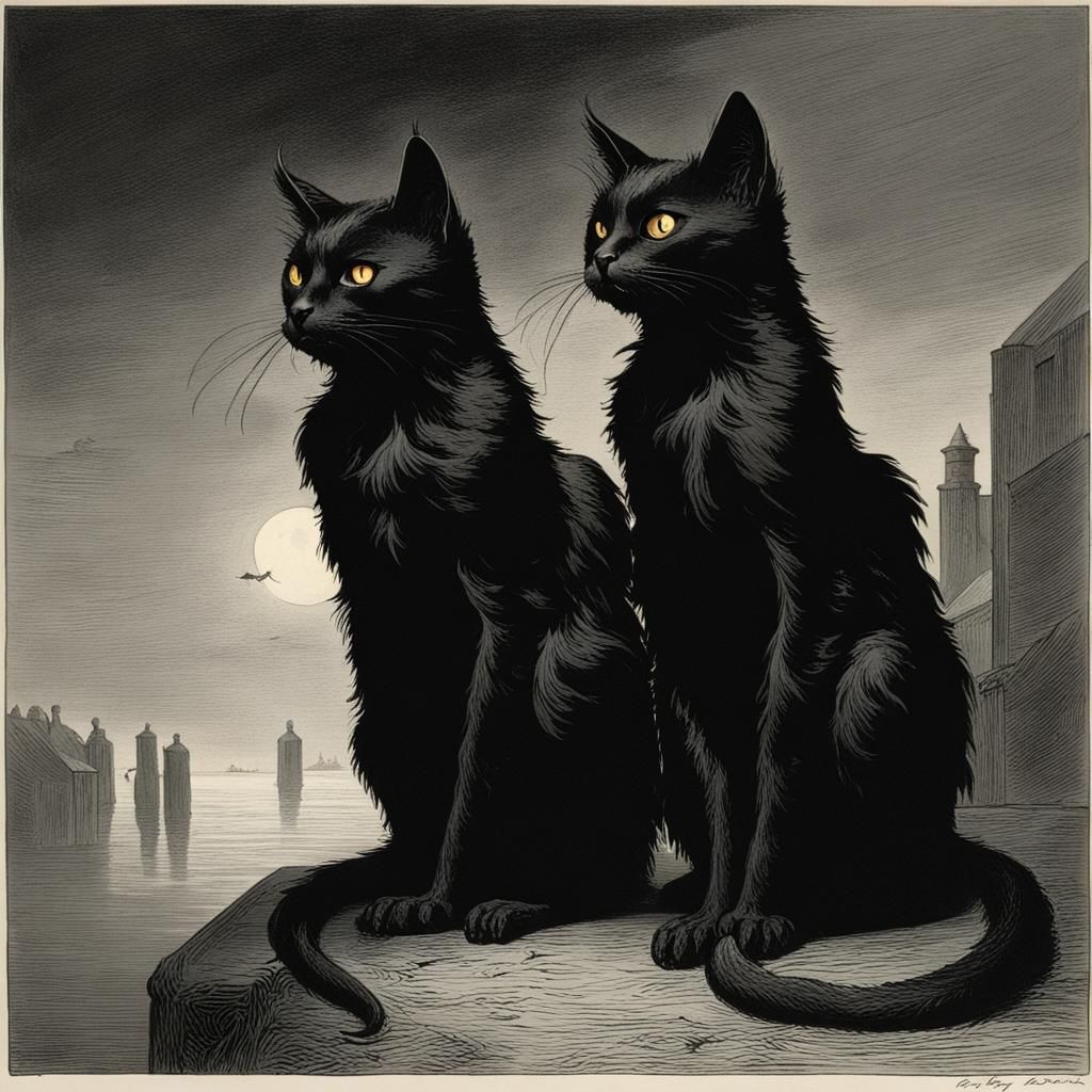 Creepy Black Cats in Horror Illustration Style