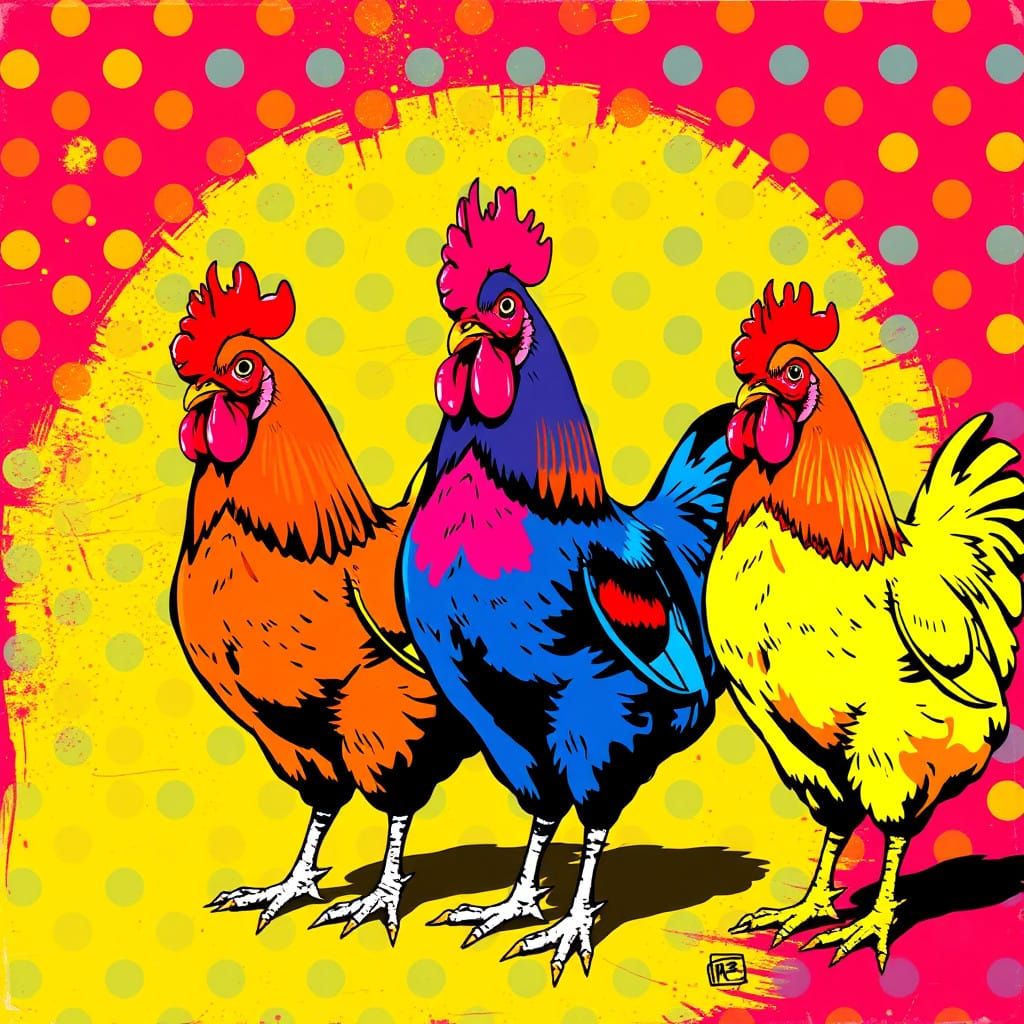 Bright Pop Art Chickens Against Bold Ben-Day Dotted Backgrou...