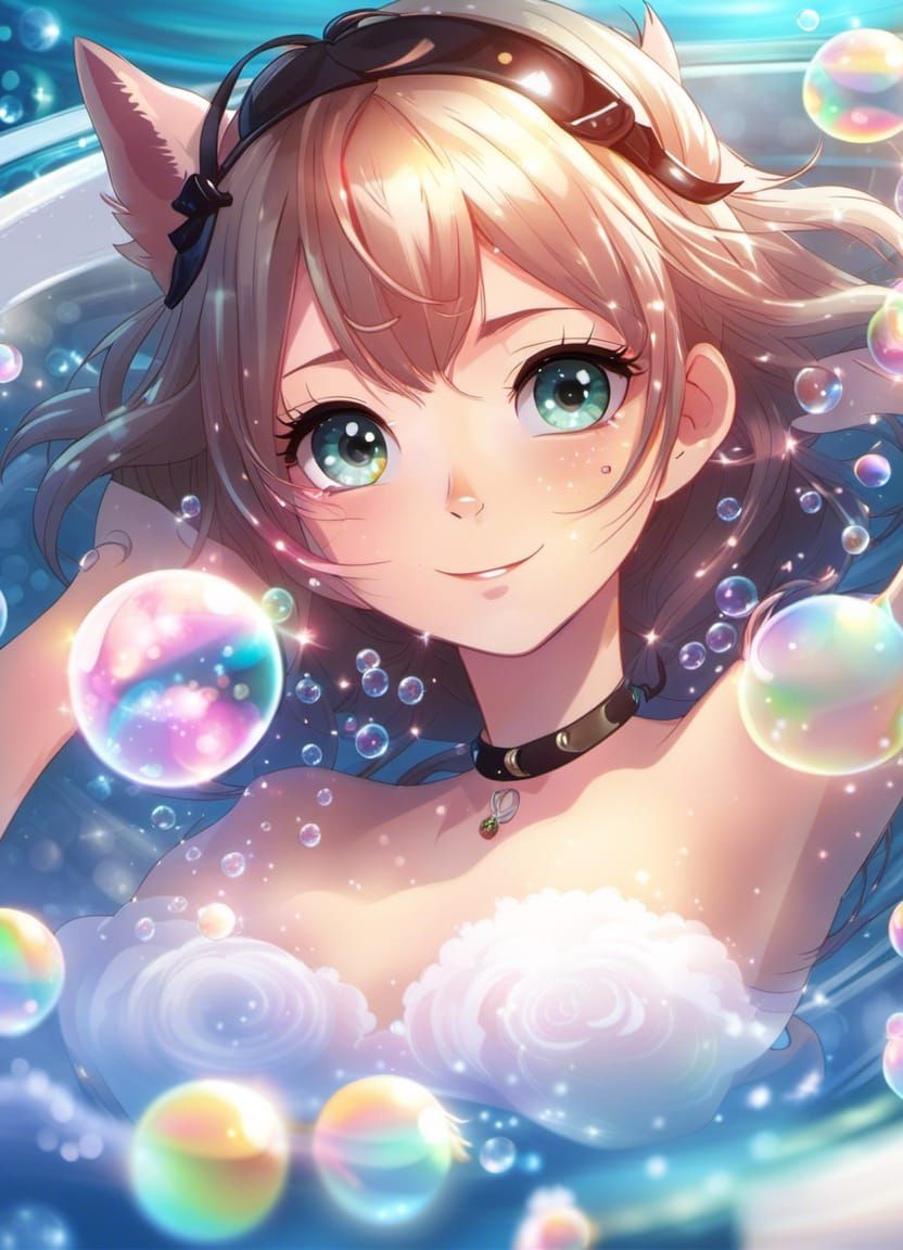 Fantasy Anime Cat Girl in Bubble Bath