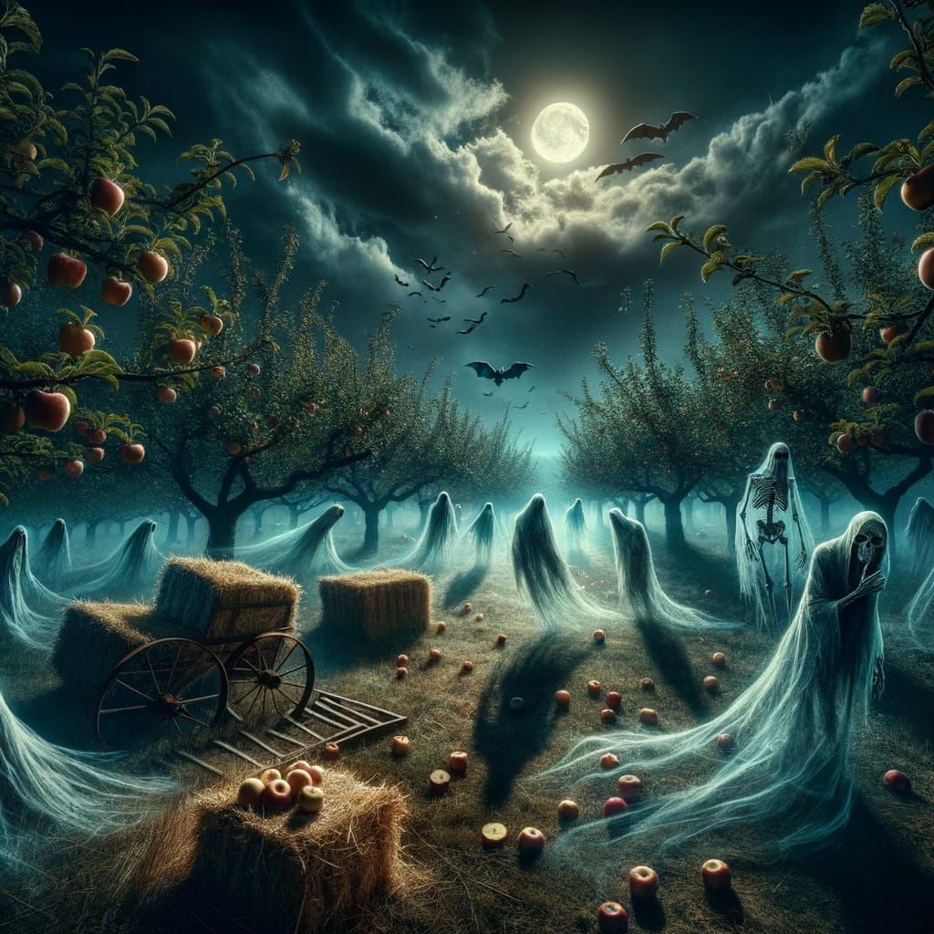 Haunted Apple Orchard Scene with Ghosts and Skeletons