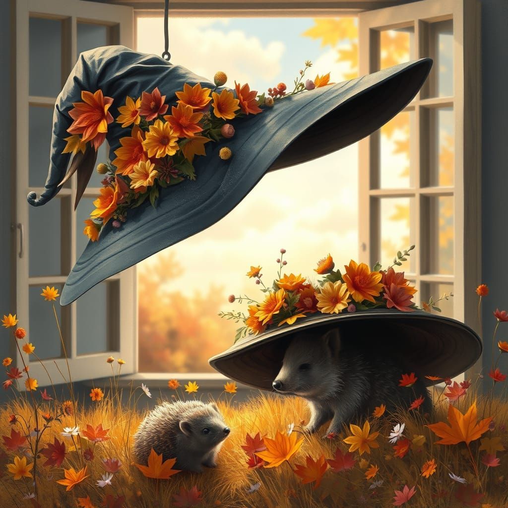 Autumn Witch Hat in a Meadow, Impressionistic Style