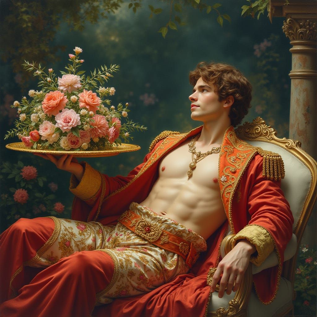 Young Prince Lounges with Lover in Moonlit Palace Garden