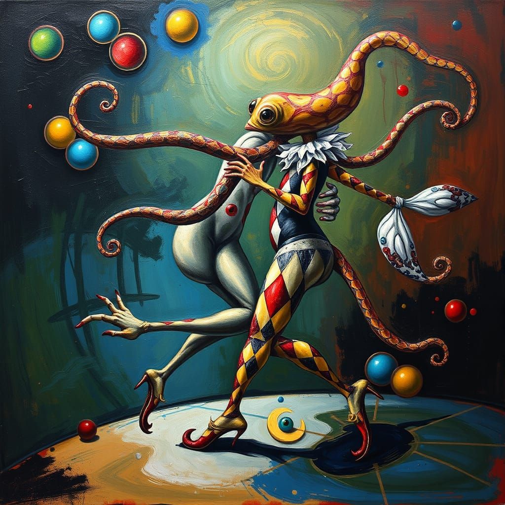 Harlequin Squid-Beast Hybrids Dancing: Surreal Oil Painting