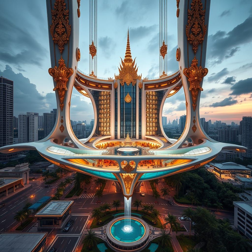 Surreal Futuristic Floating Hotel Inspired by Royal Thai Her...