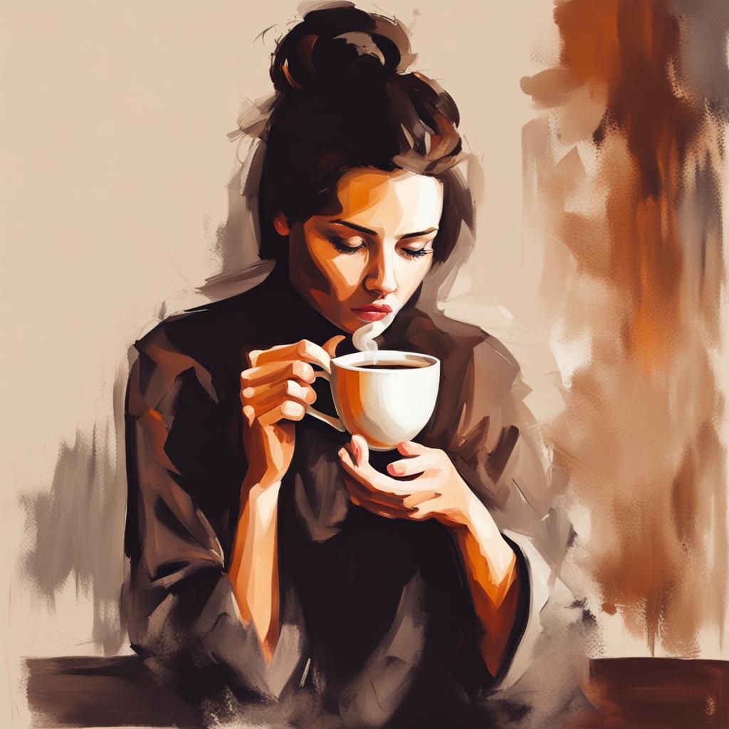 Woman Drinking Coffee as Oil Painting