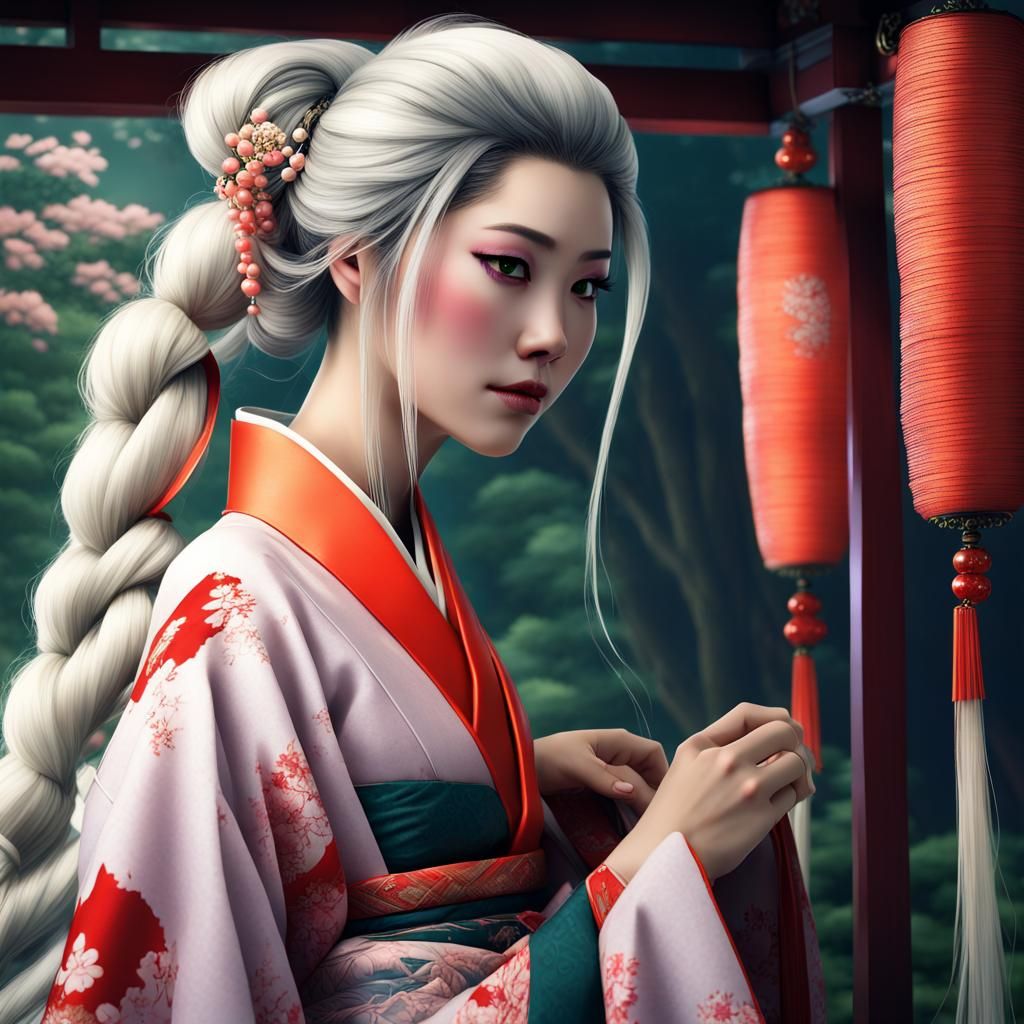 Asian Rapunzel Giantess with Long Hair in Kimono