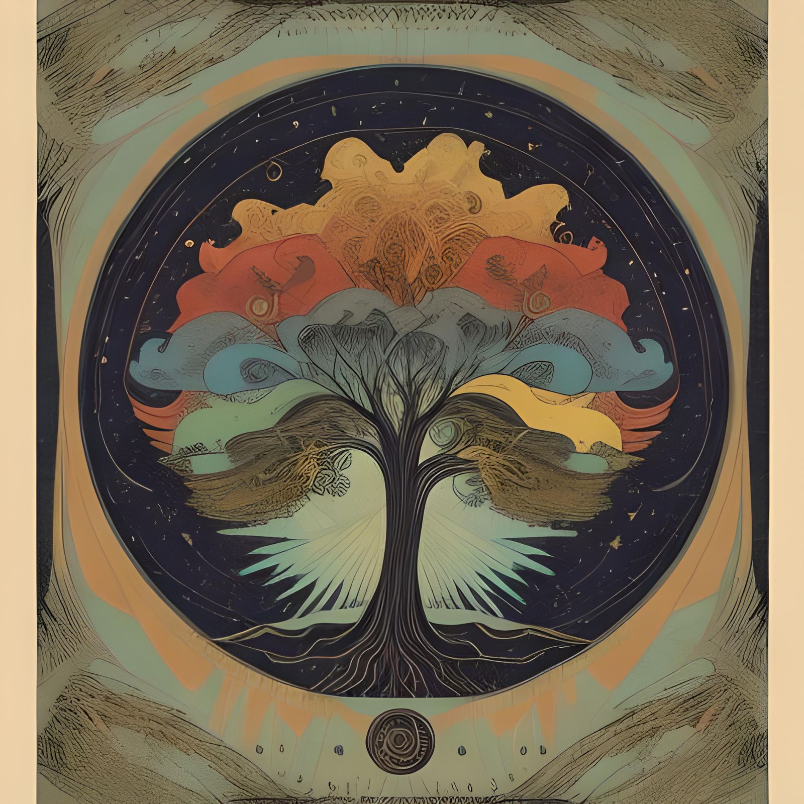 Cosmic Tree in Boho Style, Cubist Art
