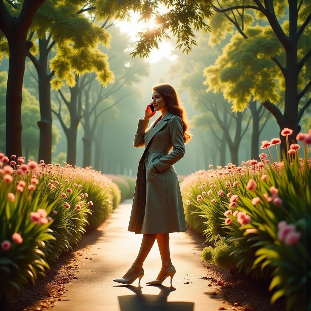 Woman in Park Talking on Phone, Cinematic Style
