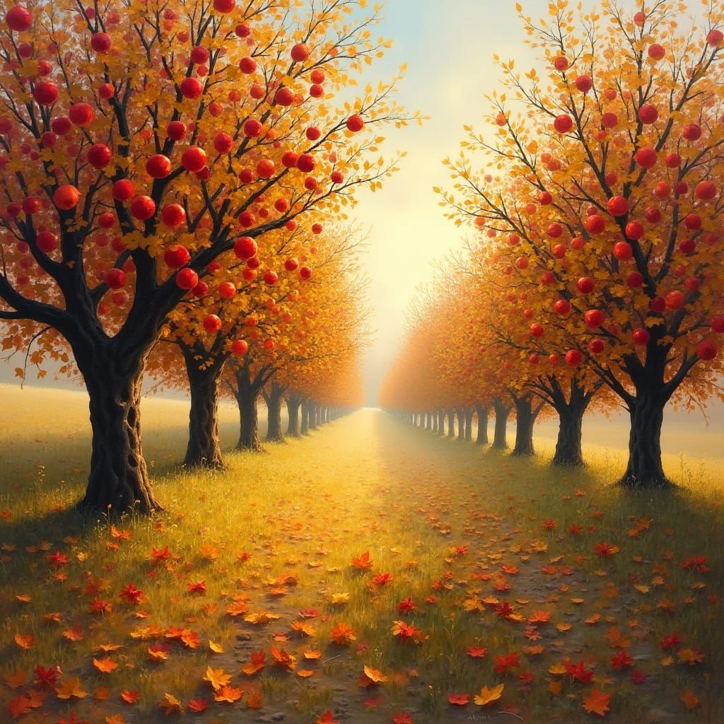 Autumn Apple Orchard in Golden Afternoon Light