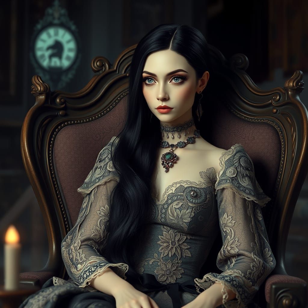 Ethereal Morticia Addams Portrait in Victorian Style