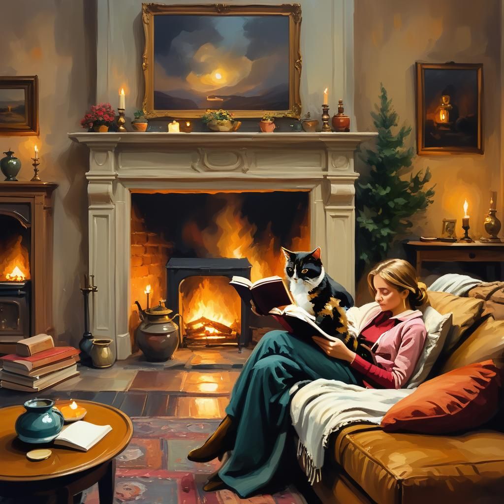 Cozy Night: Lady Reading with Cat, Oil Painting