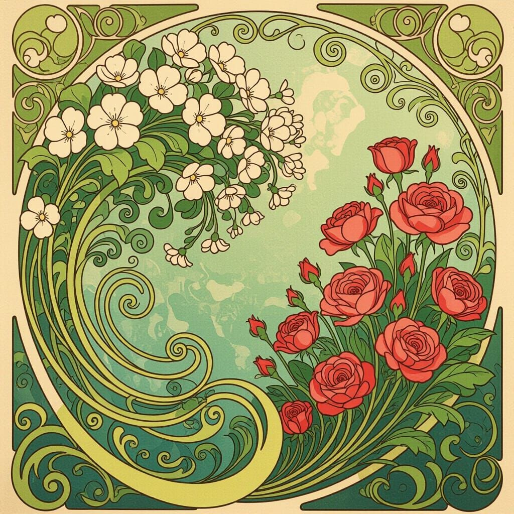 Art Nouveau Garden Illustration in Alphonse Mucha Style